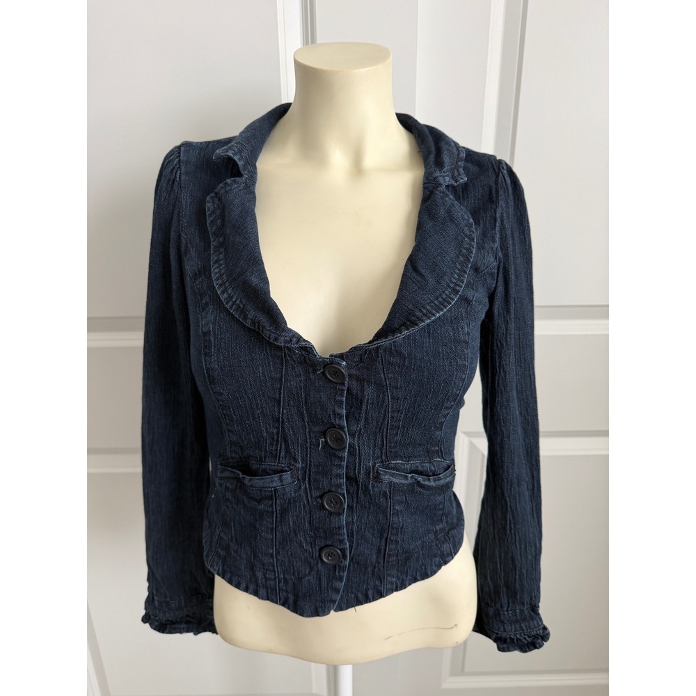 Angel Kiss Womens Dark Wash Y2K  Ruffle Collar Cropped Denim Jacket Blazer M